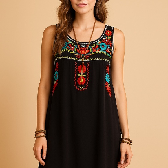 JODIFL Dresses & Skirts - Jodifl Women’s Black Embroidered Floral Boho Shift Dress Sz M Sleeveless
